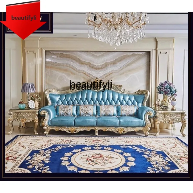 

European leather sofa court home gold paint solid wood carving flower living room combination sofa