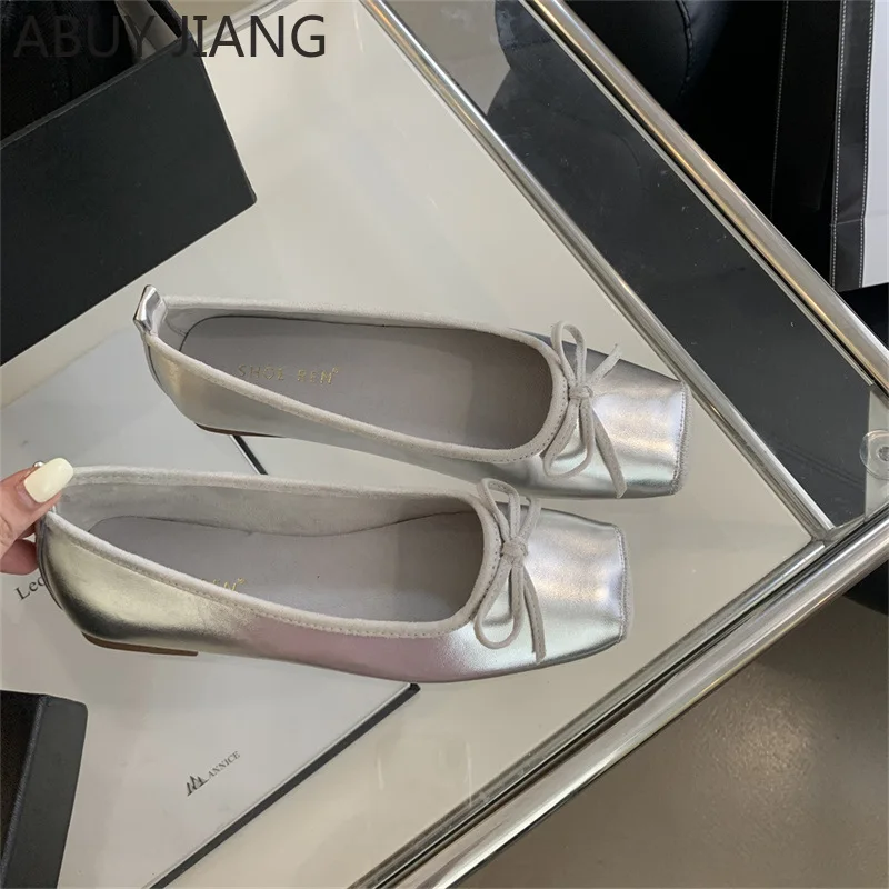 2024 Summer New Flat Ballet Flats Elegant Comfortable Bow Square Toe Single Shoes Ladies Shoes Zapatos Mujer