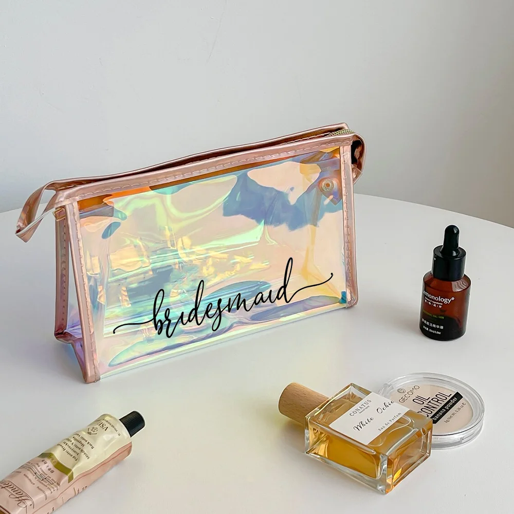 

Custom Holographic Colorful Wedding Bride Bridesmaid Makeup Bag Bachelor Party Souvenirs Bridal Shower Favor Travel Toiletry Bag