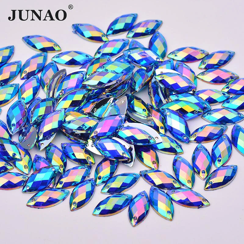 JUNAO 500Pcs 7*15mm Sewing Aquamarine AB Horse Eye Acrylic Rhinestones Leaf Shape Flat Back Strass Stone For Women Dress