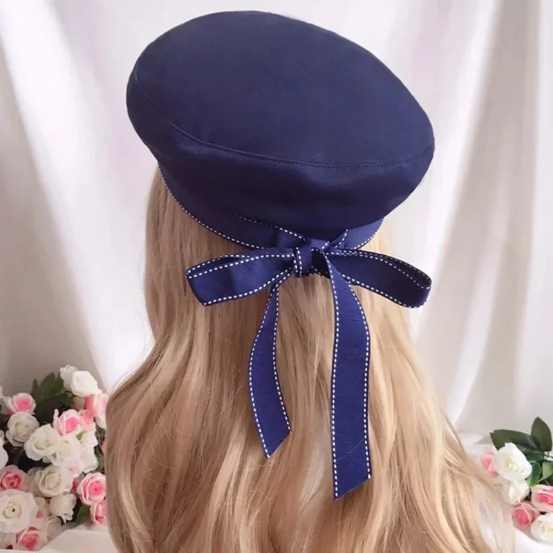 LOLITA Harajuku Personalized Ribbon Bow Navy Beret Autumn and Winter Women's Versatile Painter Blue and White Hats