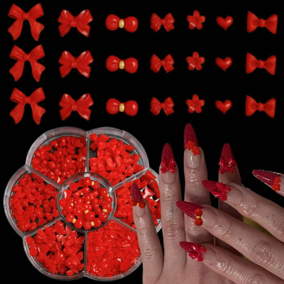 1 Doos Multi Stijl Y2K Rode Strik Serie Nail Art Decoraties 3D Hars Zoete Mini Hart Bloem Nail Charms Benodigdheden voor Manicure DIY