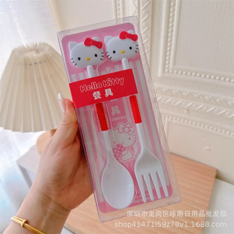 مرحبا كيتي مجموعة أدوات المائدة لطيف أنيمي الكرتون فتاة Kt عنبر المنزل المحمولة شوكة ملعقة نزهة اكسسوارات طالب هدية بالجملة