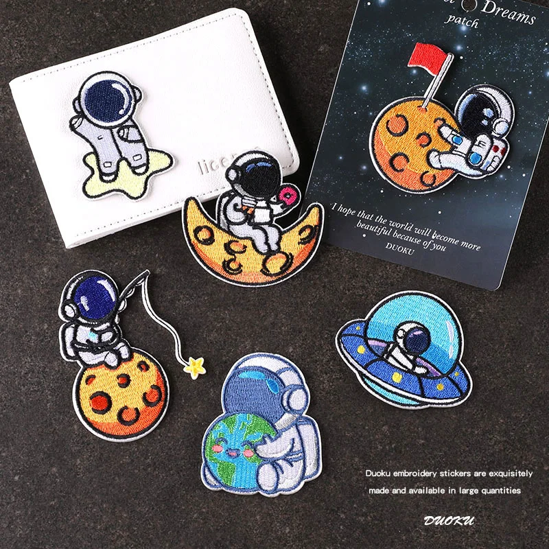 6pcs Planet Cartoon Astronaut Patches for Clothing, DIY Iron-on Patches, DIY Aesthetic Embroidery Appliques Sticker