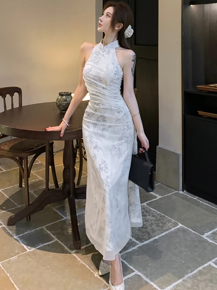 Summer White Print Mesh Neck-mounted Long Dress Women Elegant Luxury Cheongsam Dress 2025 Korean Fashion Bodycon Evening Dresses