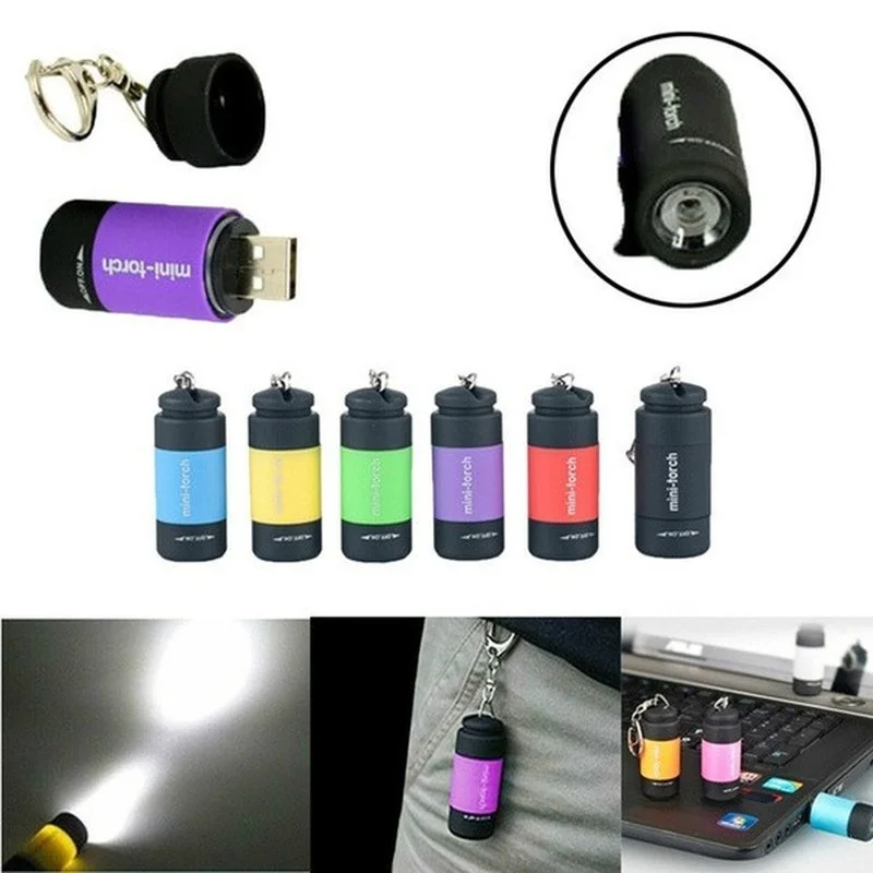 Mini llavero de bolsillo recargable por USB, linterna de luz LED, lámpara impermeable, llavero de luz