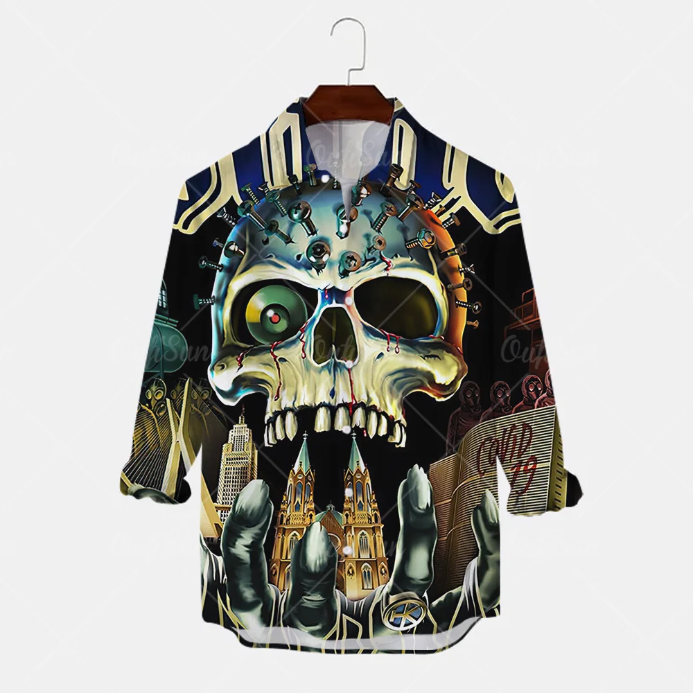 Skull Print Men's Shirts Horror 3D Pattern Long Sleeved Shirt Outdoor Street Men's Clothing 2023 Trend Four Seasons Men's Tops