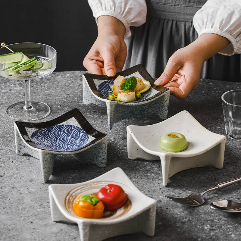 1PC Ceramics Light Luxury Retro Creative Square Snack Dishes Cold Dishes Special-shaped Desserts Tableware Household