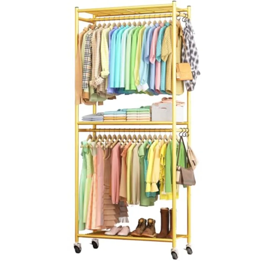 

Clothes Rack - 33.0" x 12.2" x 79.5" Clothing Rack with Shelves and Wheels Multi-Functional Wardrobe Closet with Hooks Sturdy M
