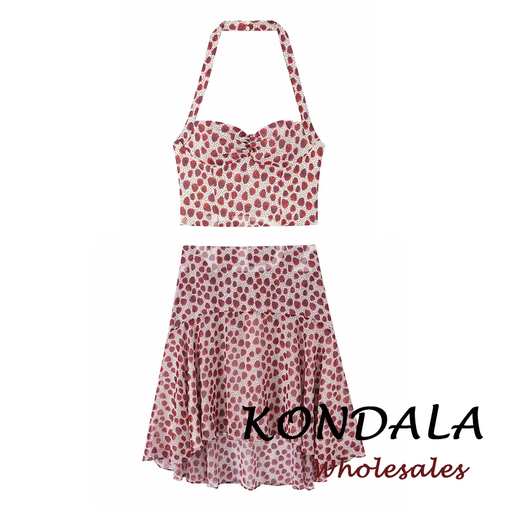 

KONDALA 2026 Print Summer Women Chic Suits Neck-mounted Sexy Vest+Asymmetric Midi Skirts Vintage Elegant Y2K Beach Fashion Suits