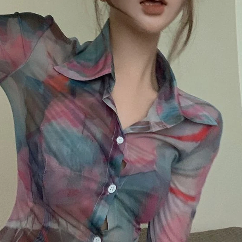 Spring Summer New Sexy Shirt Women POLO Collar Fashion Long Sleeve Button Cardigan High Street Printing Sheer Thin Style Tops