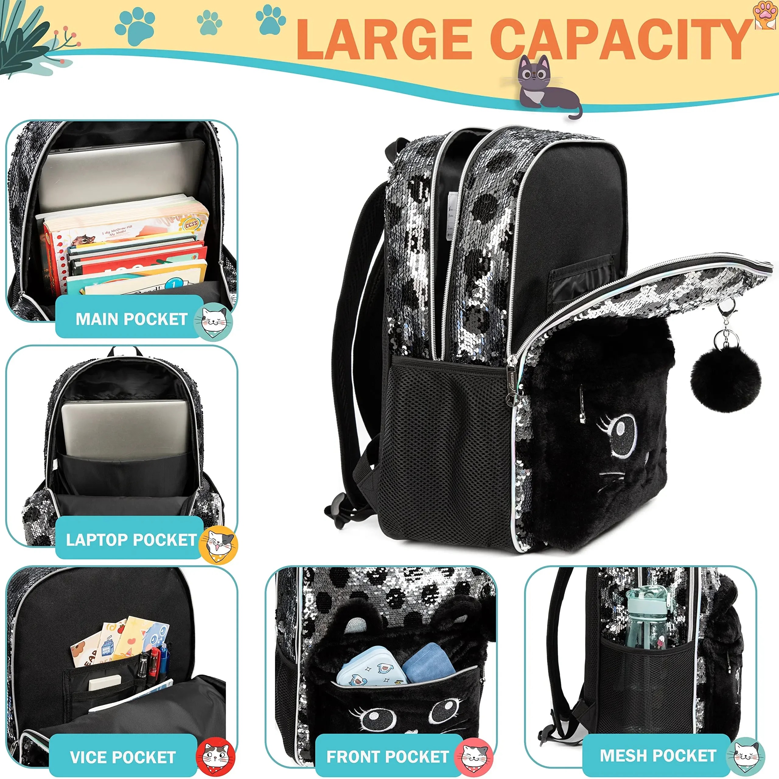 BIKAB Kids Backpack Cats 3 In 1 Backpack with Lunch Box Middle School Backpack Kids Bags for Girls School Bags for Girls