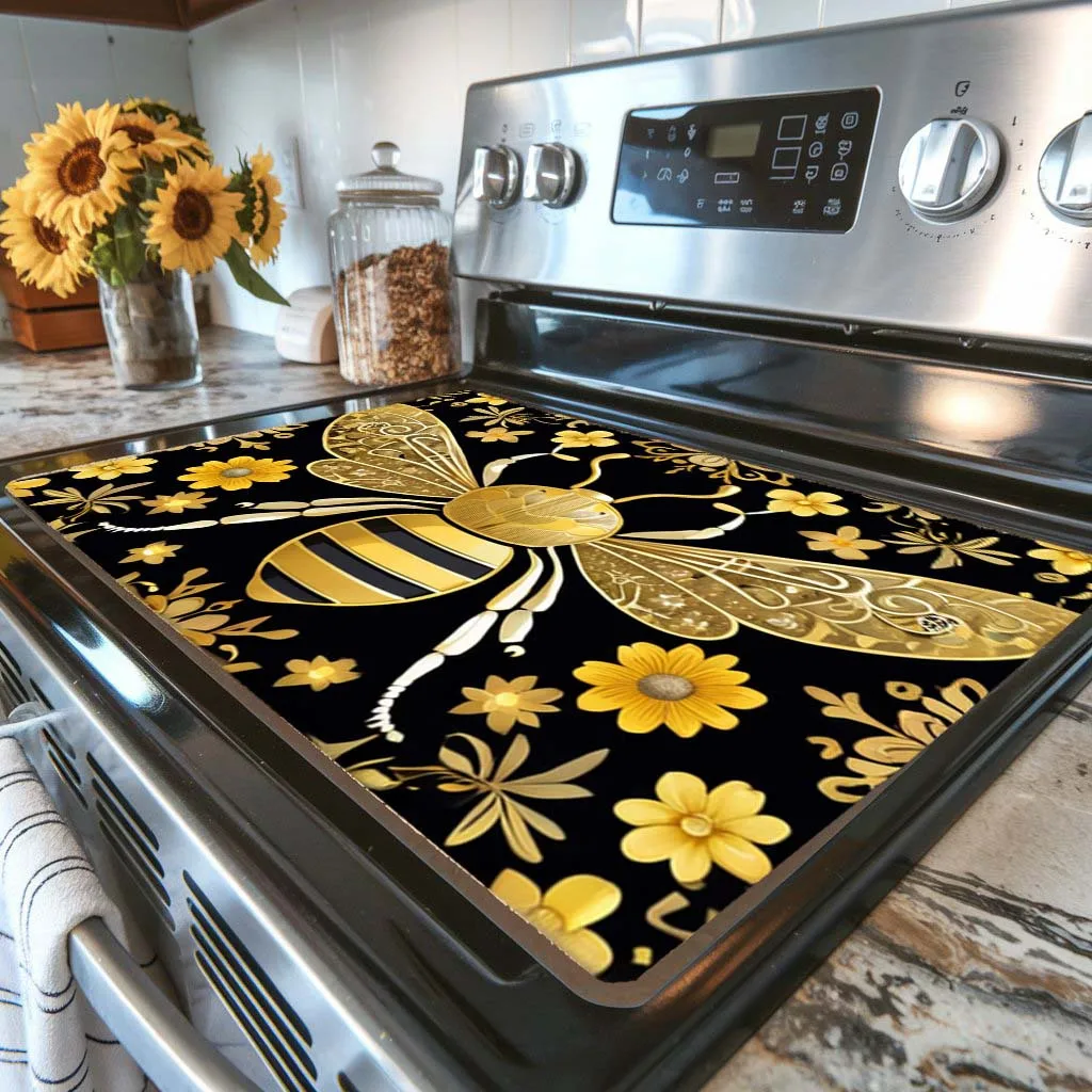 Large Non-Slip Heat-Resistant Stove Mat – Scratchproof Black & Gold Bee Design for Electric, Induction & Ceramic Cooktops