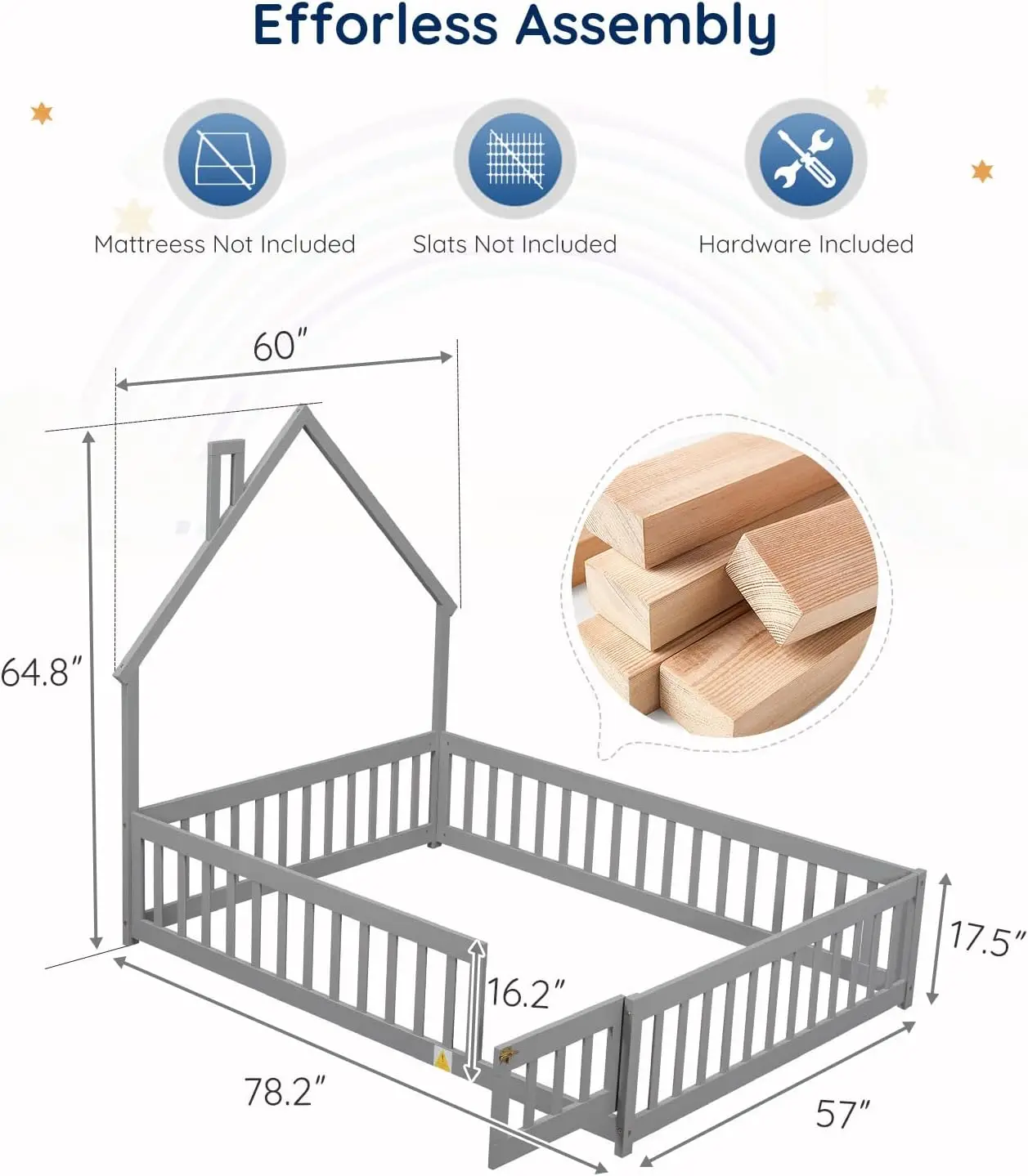 Tatub Full Montessori Floor Bed Frame With Railings And Door, House Bed For Kids, Wood Chimney-Shape Floor Bed Frame For Girls