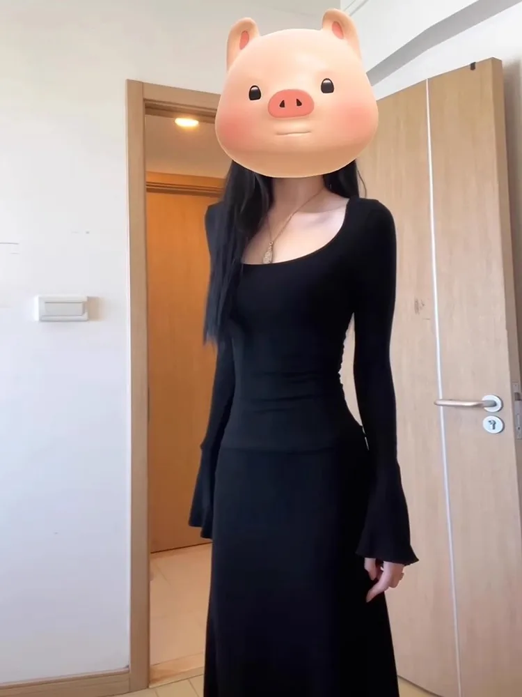 긴소매 여성 민사 결혼식 가을 니트웨어 스모크 버튼 패널 허리 조임 레귤러 핏 프레피 스타일 우아한 드레스