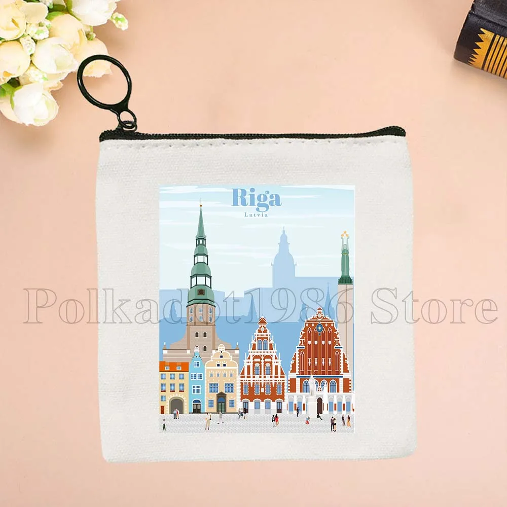 Montreal Mumbai Munich New Delhi Osaka Oslo Petra Prague Quebec Rejkjavik Riga Print Canvas Coin Purse Key Case Bag Wallet Pouch #6