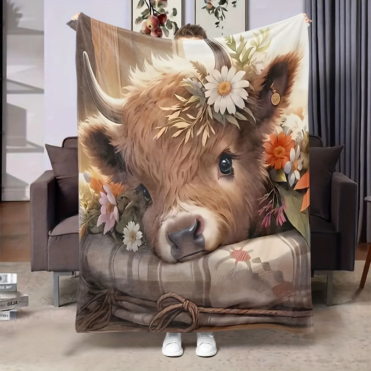 Floral Highland Cow Digital Print Flannel Blanket Cozy Warm Throw Blanket for Sofa Bed Home Decor Source Manufacturer Wholesale
