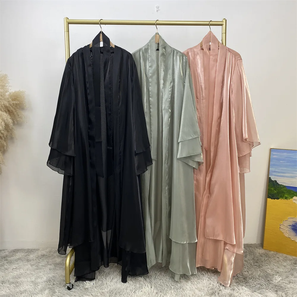 New Fashion Muslim Robe Shiny Satin Cardigan Islamic Abaya Women Middle East Robe Dress