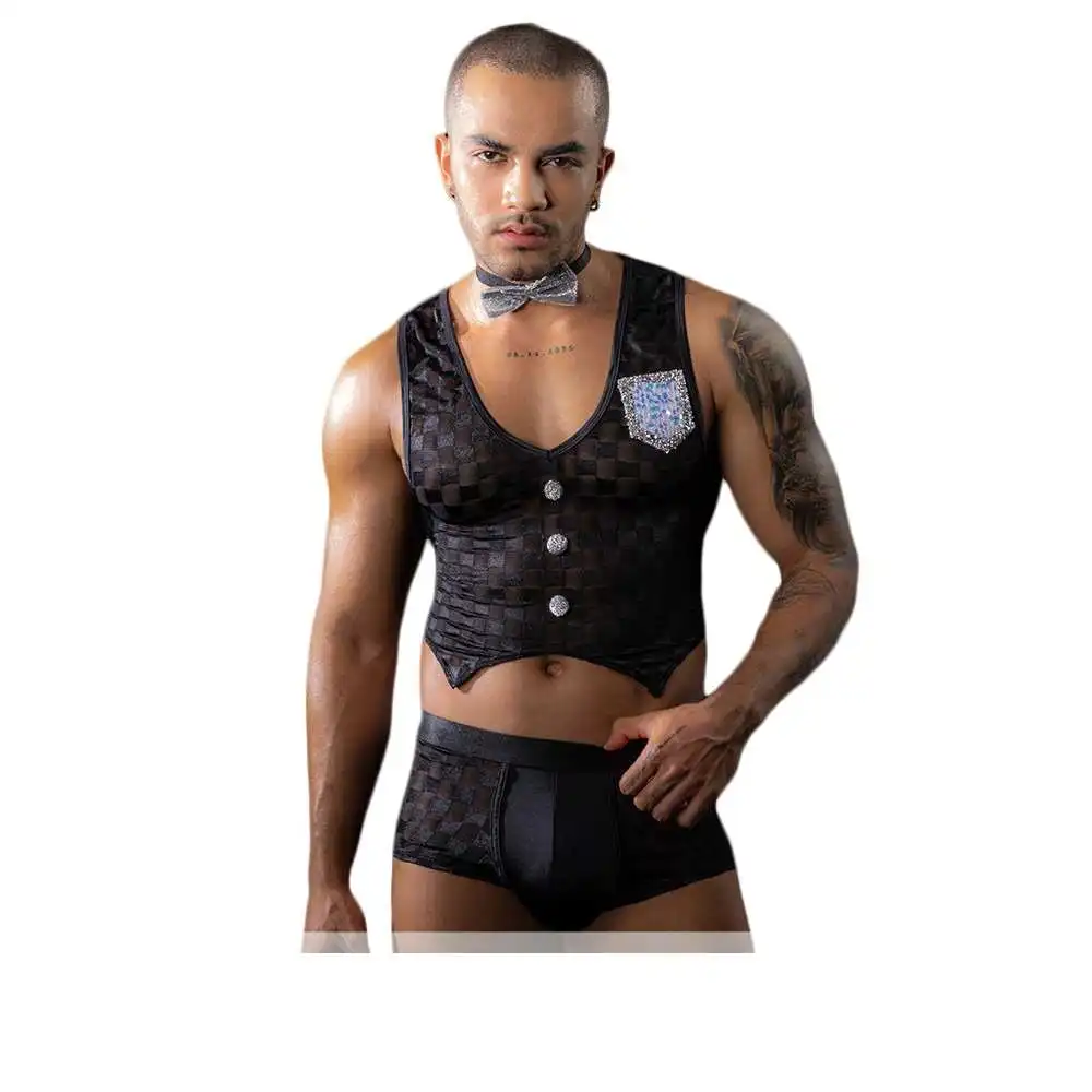 Costume de femme de chambre sexy deux pièces pour hommes, lingerie masculine, sous-vêtements, hormone de boîte de nuit, olympiques de jeu de rôle, tenues gencichaudes, vente en gros