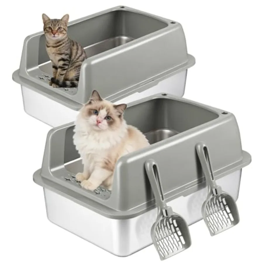 

2 Pack Stainless Steel Litter Box with Lid Large Enclosed Metal Cat Litter Box Pan High Sided Easy Clean Anti-Leakage Litterbox