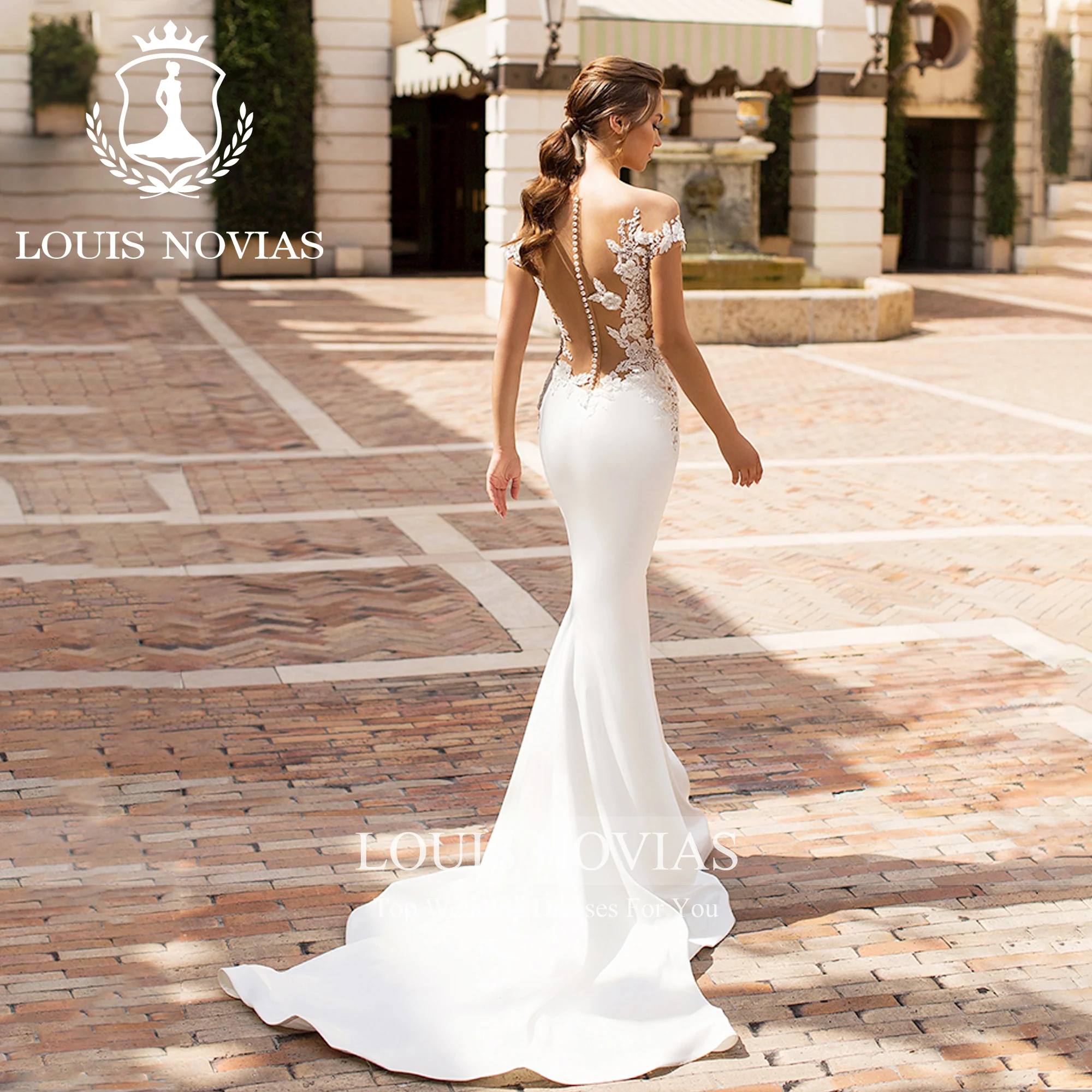 LOUIS NOVIAS Satin Mermaid Wedding Dress For Women 2023 Sweetheart Illusion Applique Brush Train Wedding Gown Vestidos De Novia