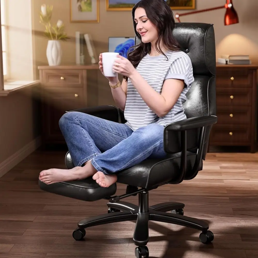 

Black Leather Reclining Office Chair with Wheels, Arms, Footrest, and Wide Seat for 400lbs Capacity