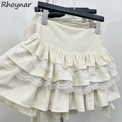 Lace Patchwork Skirts Women Summer Girls Elegant Vintage A-line Solid High Waist Korean Fashion Mini Faldas Mujer Japanese Style