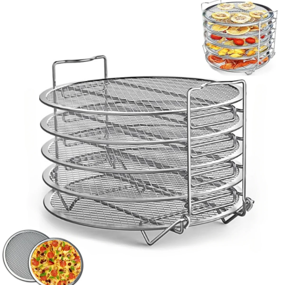 3 in1 5-Layer Pizza Pan Cooling Rack Stainless Steel Multifunction Pizza Bread Cooking Rack for Air Fryer Kitchen Baking Tools