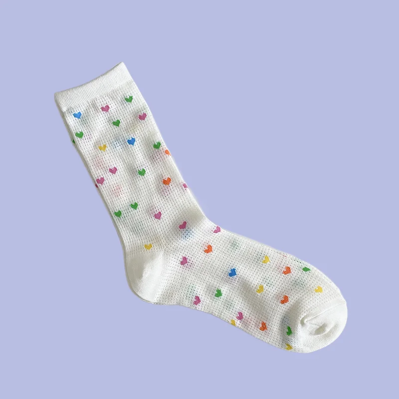 Chaussettes à pois multicolores pour femmes, fines, creuses, respirantes, blanches, douces, à volants, de haute qualité, 5 paires