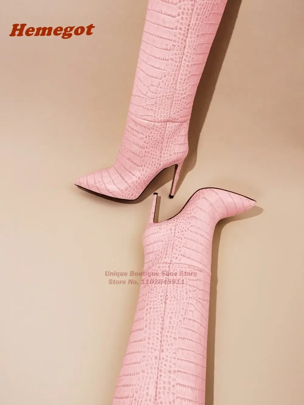 Crocodile Pattern Thin Heel Boots Pointy Toe Slip On Knee High Boots for Women Winter Newest Patchwork Customize Casual Shoes