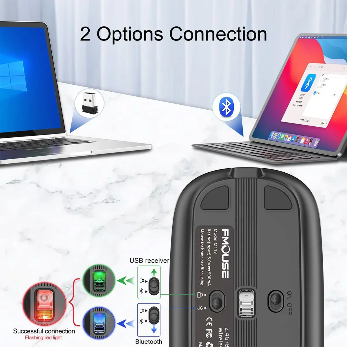 UTHAI M113 Wireless Mute Mouse Dual Mode 2.4G/BT5.1 Rechargeable 2400DPI Adjustable for Laptop Desktop