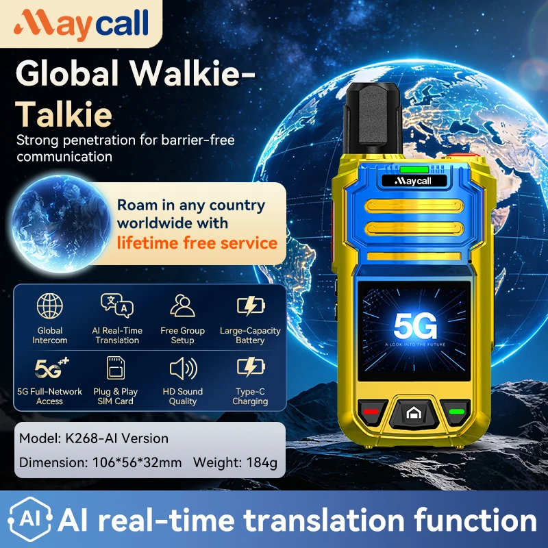 Maycall K268-AI 5G Global Walkie Talkie Lifetime Free Service AI Real-Time Translation Intercom Type-C Charging Long Range radio