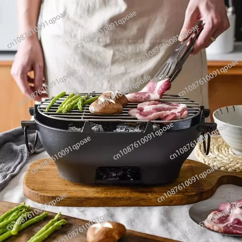 Cast Iron Barbecue Grill Oval Charcoal Portable Multi-Functional Oven Durable Outdoor
