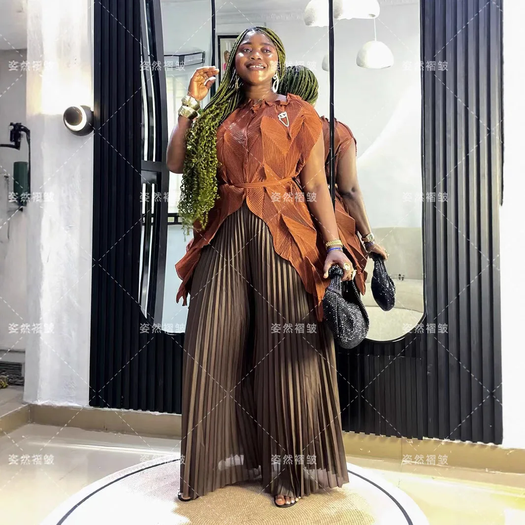 

Miyake Pleated Plus Size Women's Fashionable Elegant Suit Elegant Commuting Loose Wide-leg Pants Two-piece Set Women Elegant