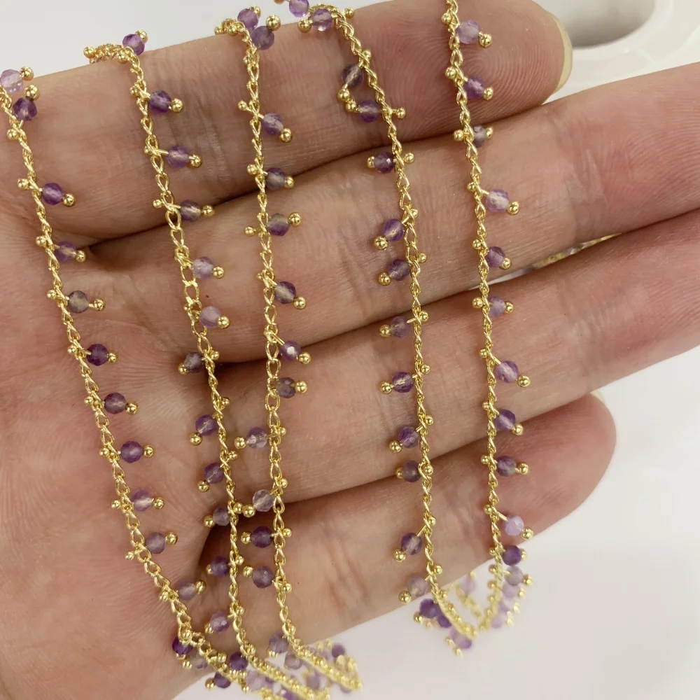 

Natural Amethyst 2mm Cubic Zirconia Seed Beads Handmade Copper Chain 18k Gold Plated Diy Bracelet Eyeglasses Chain 500cm/lot