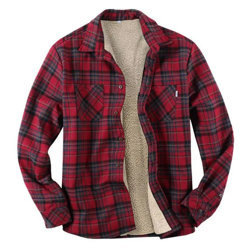 KIDWHXR Men Plaid Fleece Jacket Autumn Winter Turn Down Collar Thickened Shirt Jacket Loose Casual Long Sleeve Shirts Coat