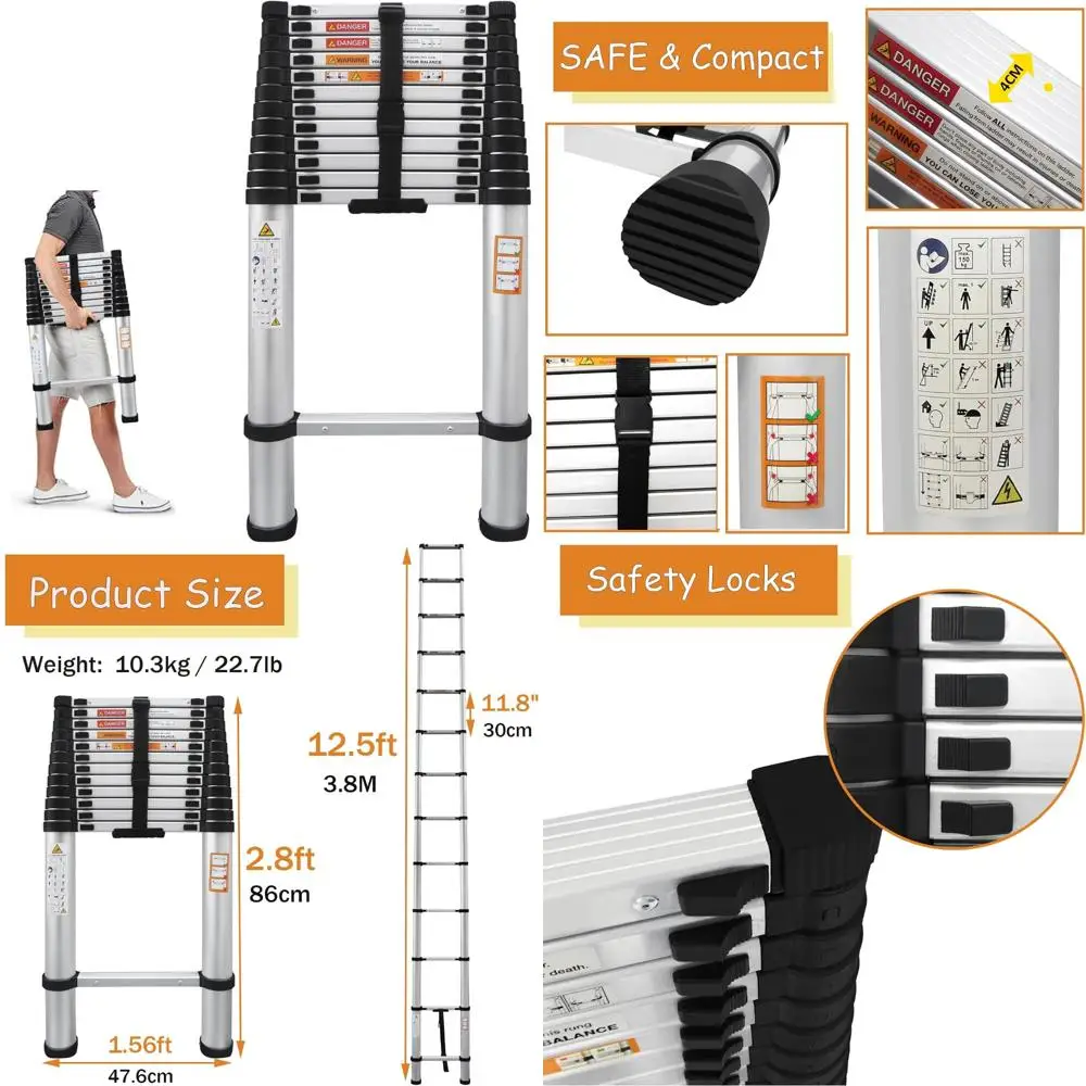 

Aluminum Telescoping Extension Ladder - 12.5 Feet Reach, Folds to 2.8 Feet, 330lbs Load, EN131 Certified, Portable Step Ladder f