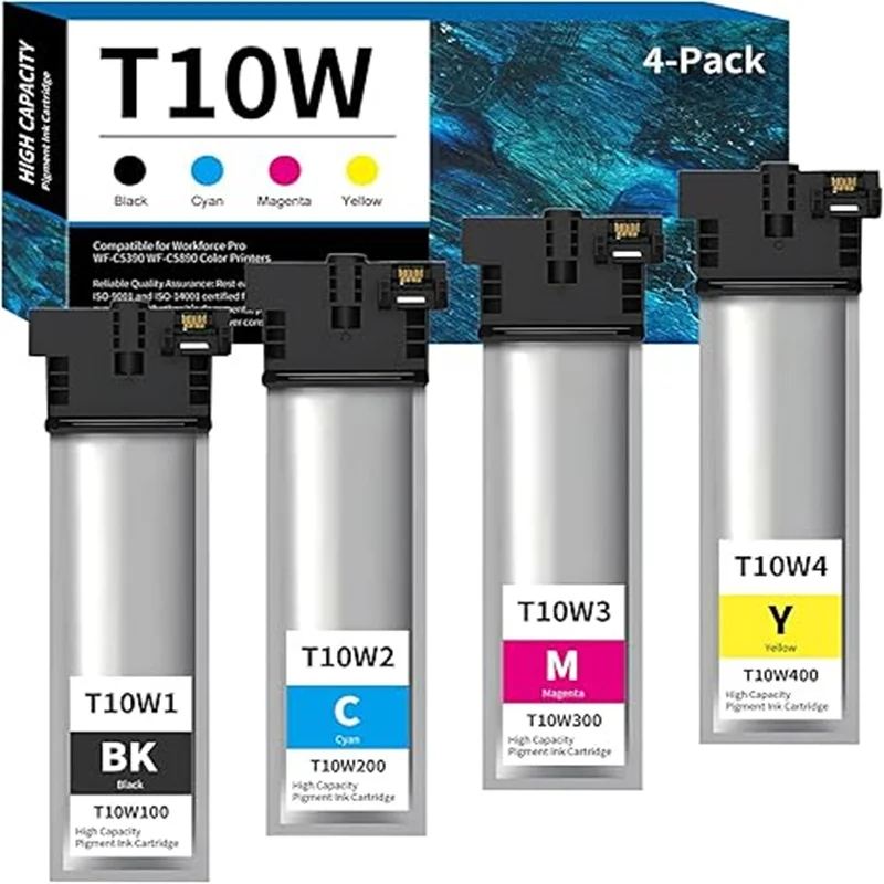 T10W Ink Cartridge 4-Pack Compatible with T10W100 T10W200 T10W300 T10W400 Extra High Capacity Ink Pack for Workforce Pro WF-C539