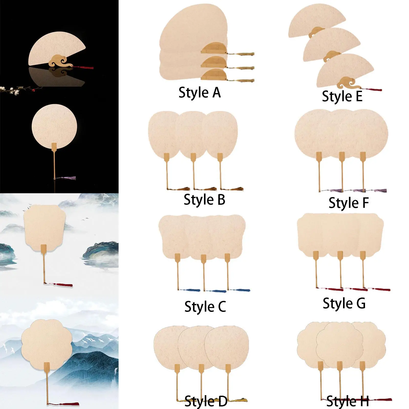 3x Ancient Fans Blank Paper Hand Fans for Home Decoration Crafts Calligraphy