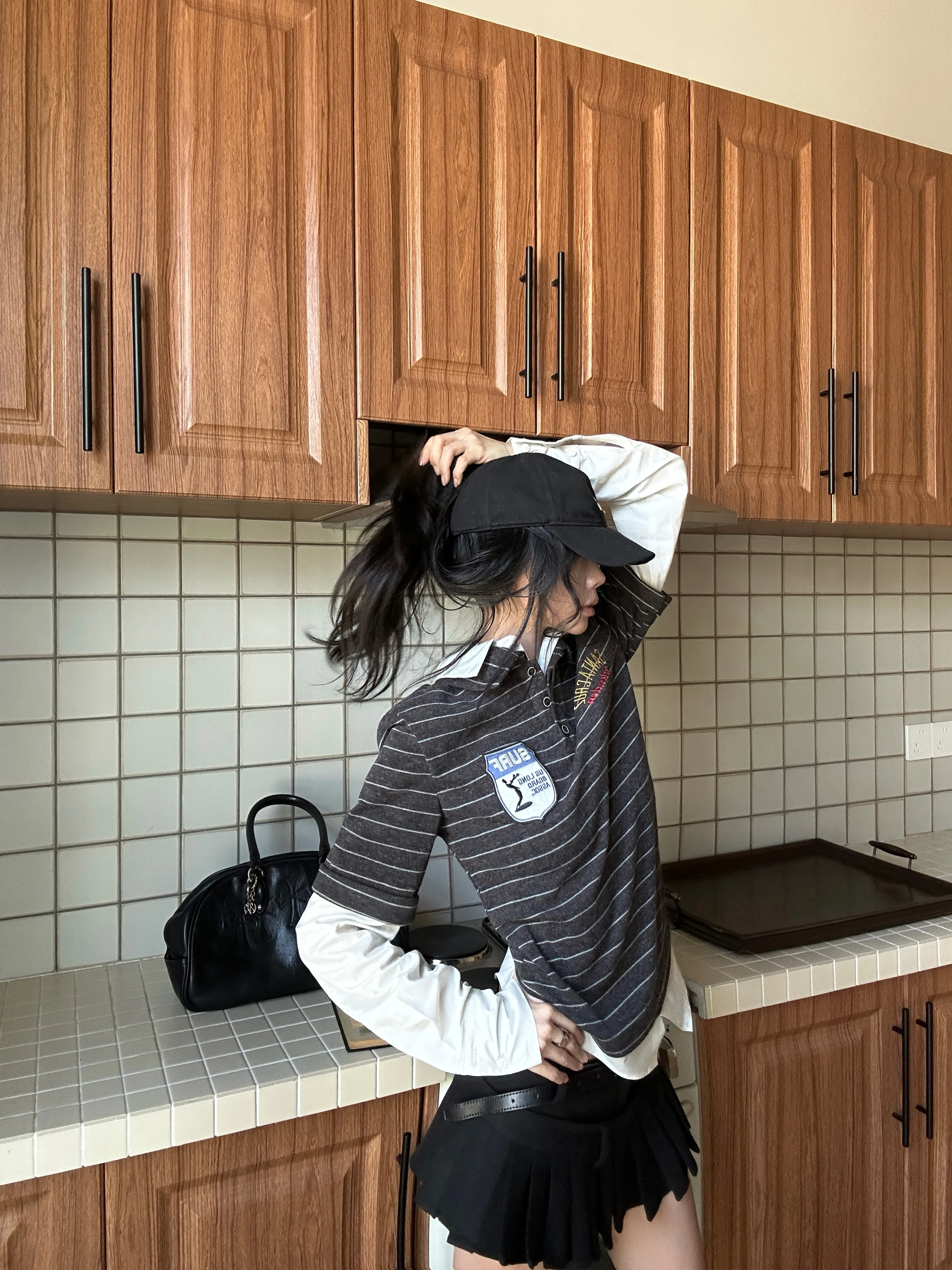 Slim Fit College Style Long Sleeve T-Shirt Women's Patchwork Striped  Shirt Fake Two-Piece Top Breathable Skin-Friendly