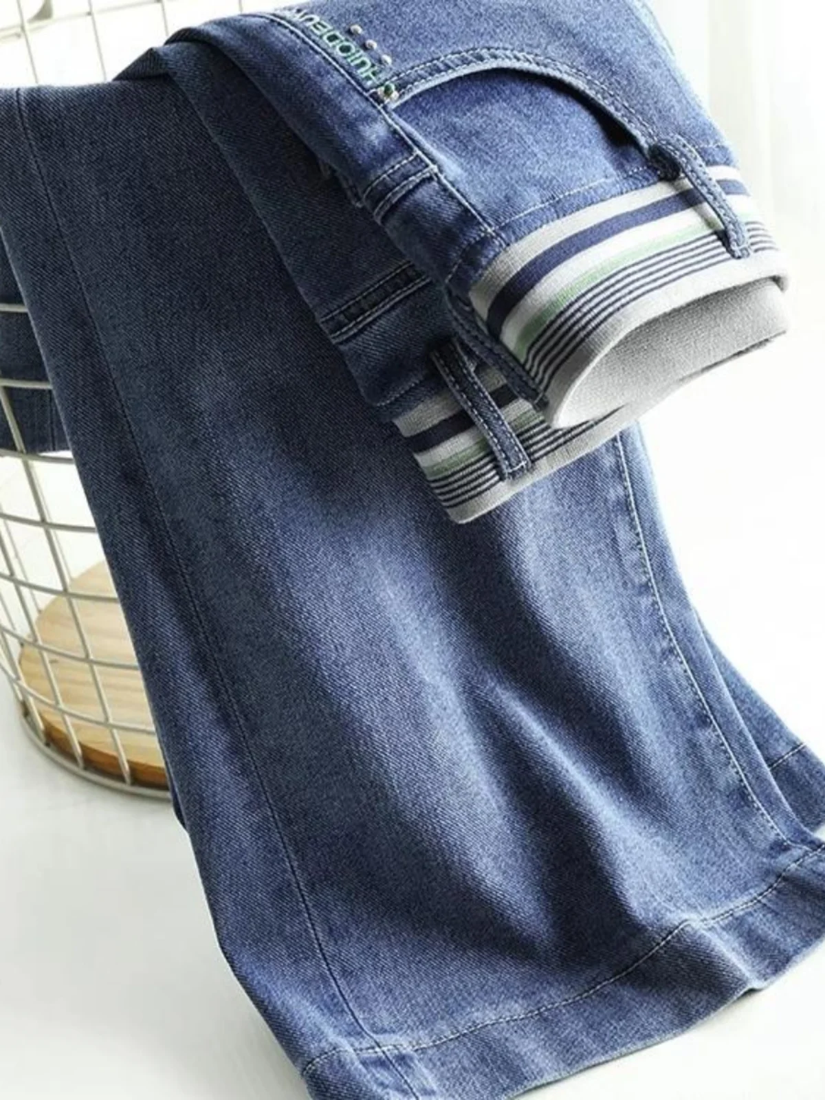 Jeans mit hoher Taille und weitem Bein für Damen, Sommer, 2022, neue Sle, lockerer, gerader Schnitt, blaue elastische Taille, große Größe, Frühling und Herbst