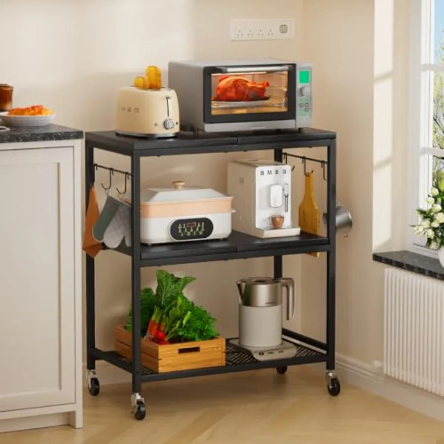Rolling Kitchen Microwave Cart with 6 Hooks 3 Tier Utility Cart Storage Table Stand on Lockable Wheels Small Coffee Shelf Rack