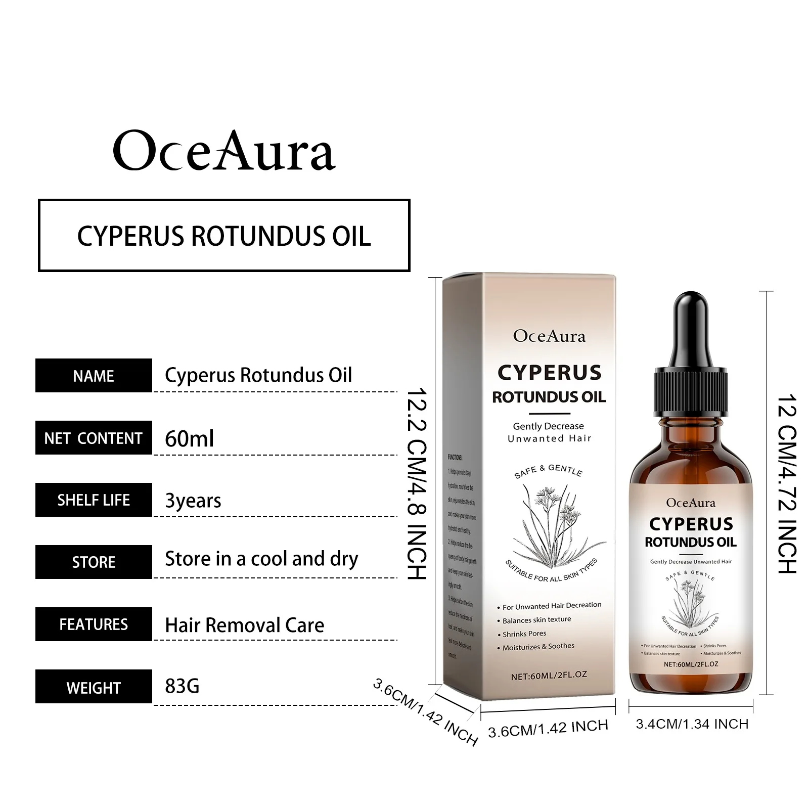 60ml Natural Hair Care Body Oil Plant-Based Formula For Smooth Skin, Moisturizing & Nourishing Post-Hair Removal Treatment