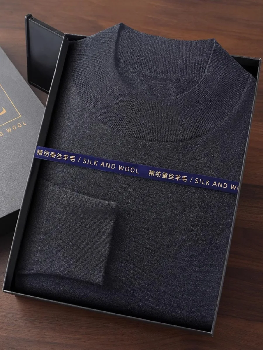 

Весна 2025: Мужской тонкий шерстяной свитер с высоким воротником, приталенный крой, однотонный, базовый, модный, для делового стиля