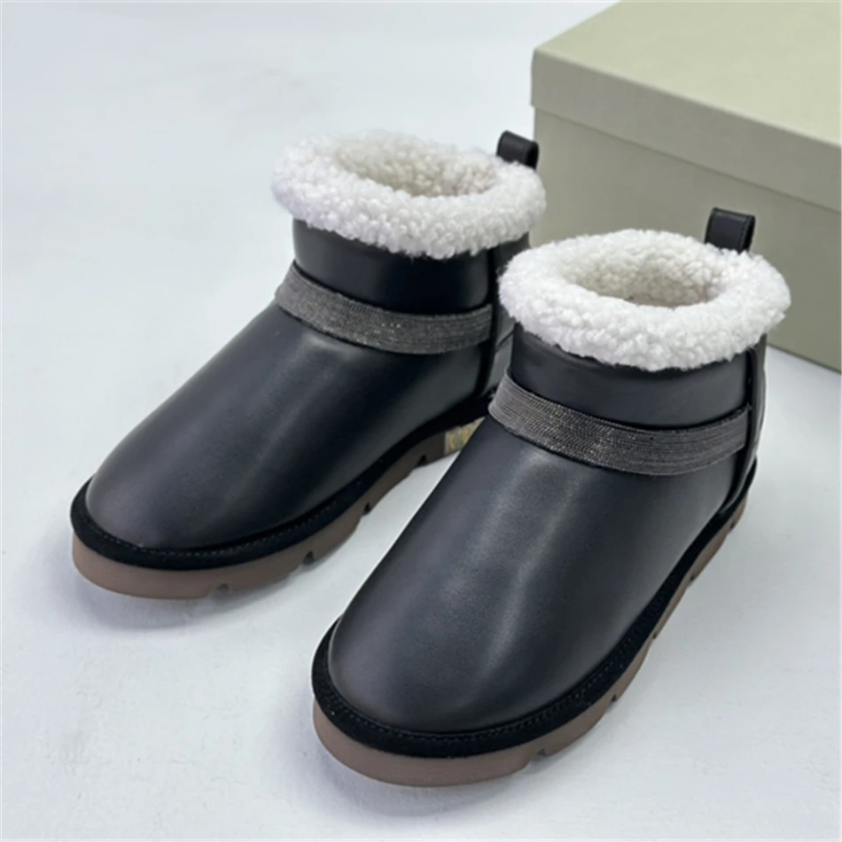 Black Snow Boots For Women High Quality Lamb Wool Ankle Length Warm Boots 2024 Winter New Luxury Design Shoes