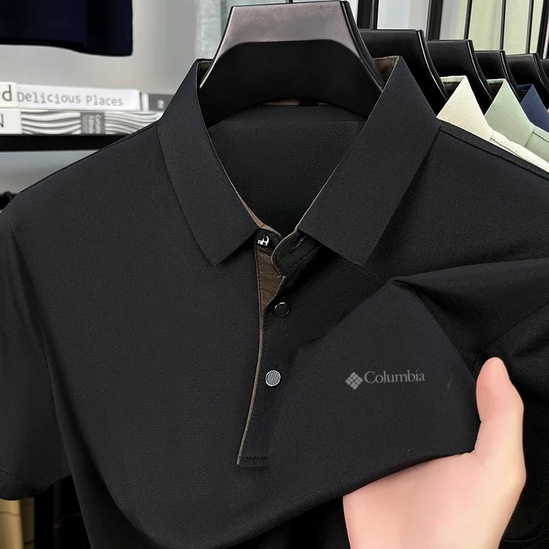 الراقية العلامة التجارية الرجال رسالة مطبوعة قصيرة الأكمام قميص بولو كول تنفس الأعمال عادية 2025 الصيف نمط جديد تي شيرت ذو طية صدر السترة #4