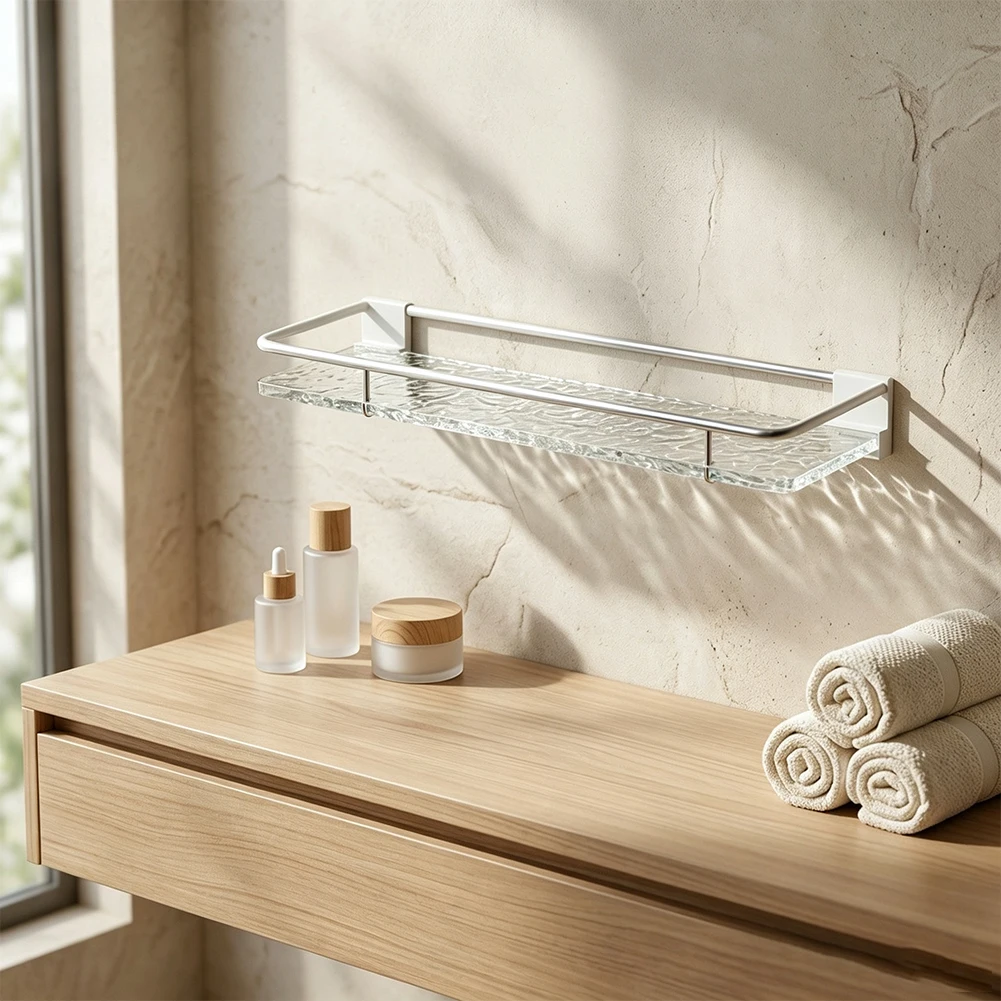 Minimalist Glass Shelf for Bathroom Wall Space Optimization No Screw Drilling Required 30cm for L x 10.5cm W x 11cm H