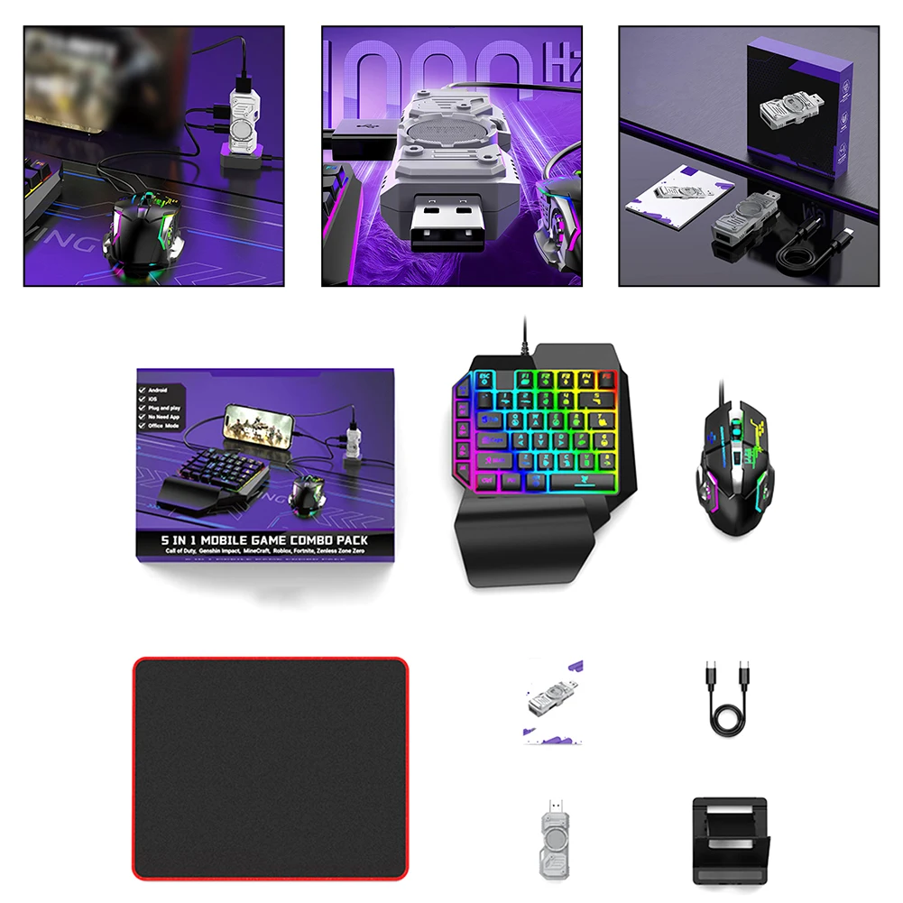 One-Handed RGB Gaming Keyboard & Mouse With Wrist Support For Mobile Handheld Game Players Accessories