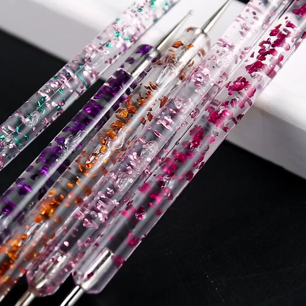 5pcs Dual-ended Nail Art Dotting Tool With Rhinestones Handle Gems Pens UV Gel Liner Flower Pattern Drawing Painting Brush Kits