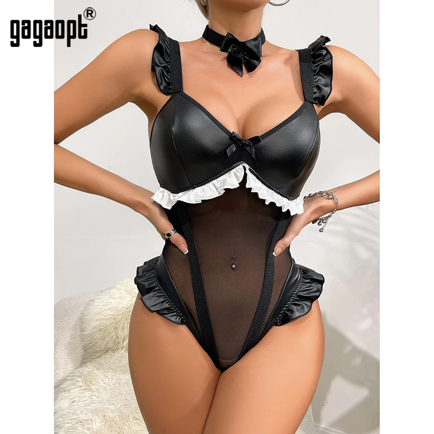 Gagaopt-body fetiche de látex con Collar, lencería de cuero negro de una pieza, Bodys Sexy, disfraces eróticos Sissy de Pvc, Top ajustado